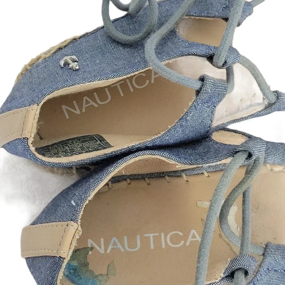 Nautica Women's Chambray Espadrille Flats Lace Up Nautical Anchor Detail Size 10